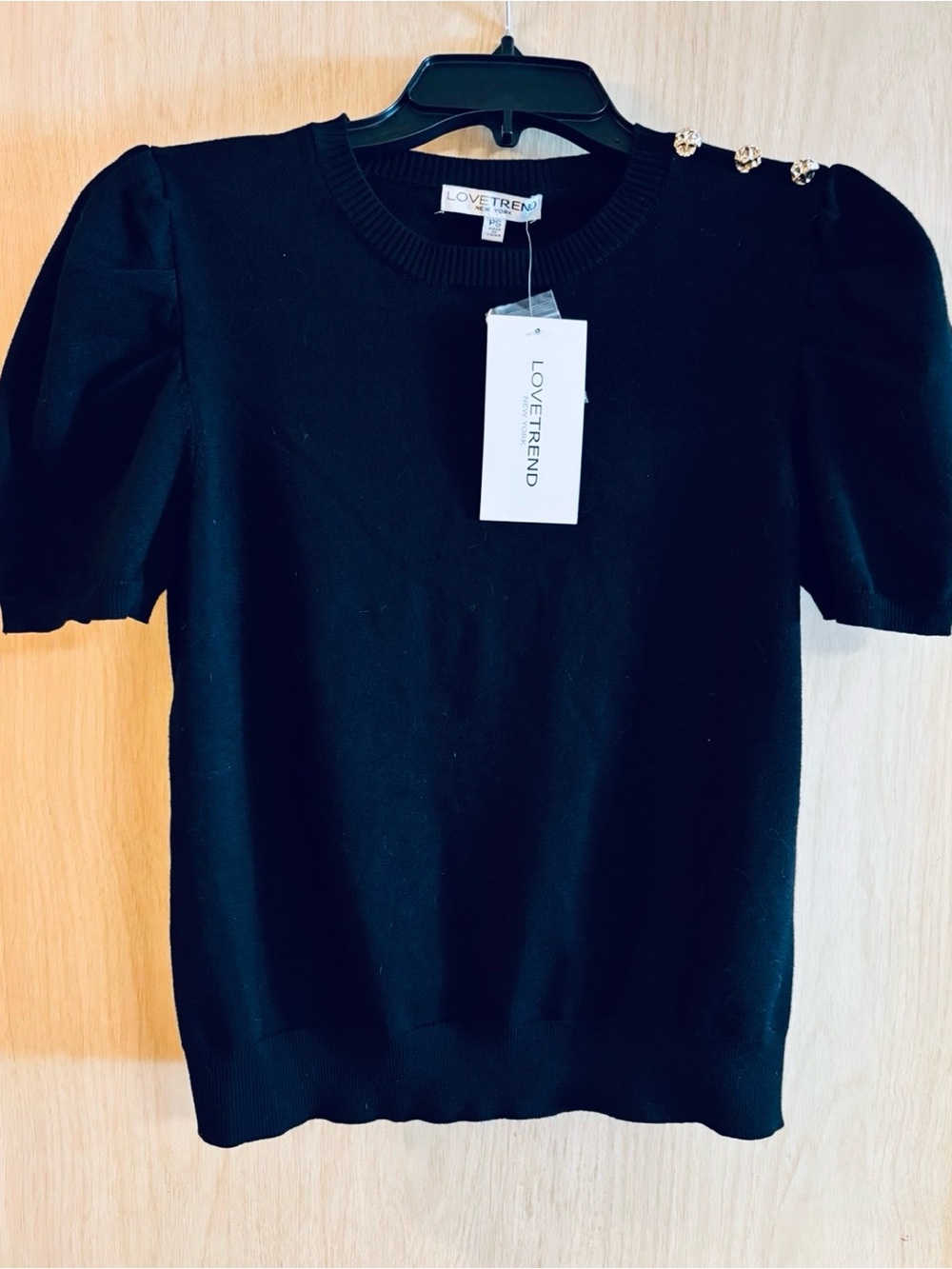 Size PS,  LoveTrend Black Short Sleeve Sweater with Decorative Shoulder Buttons